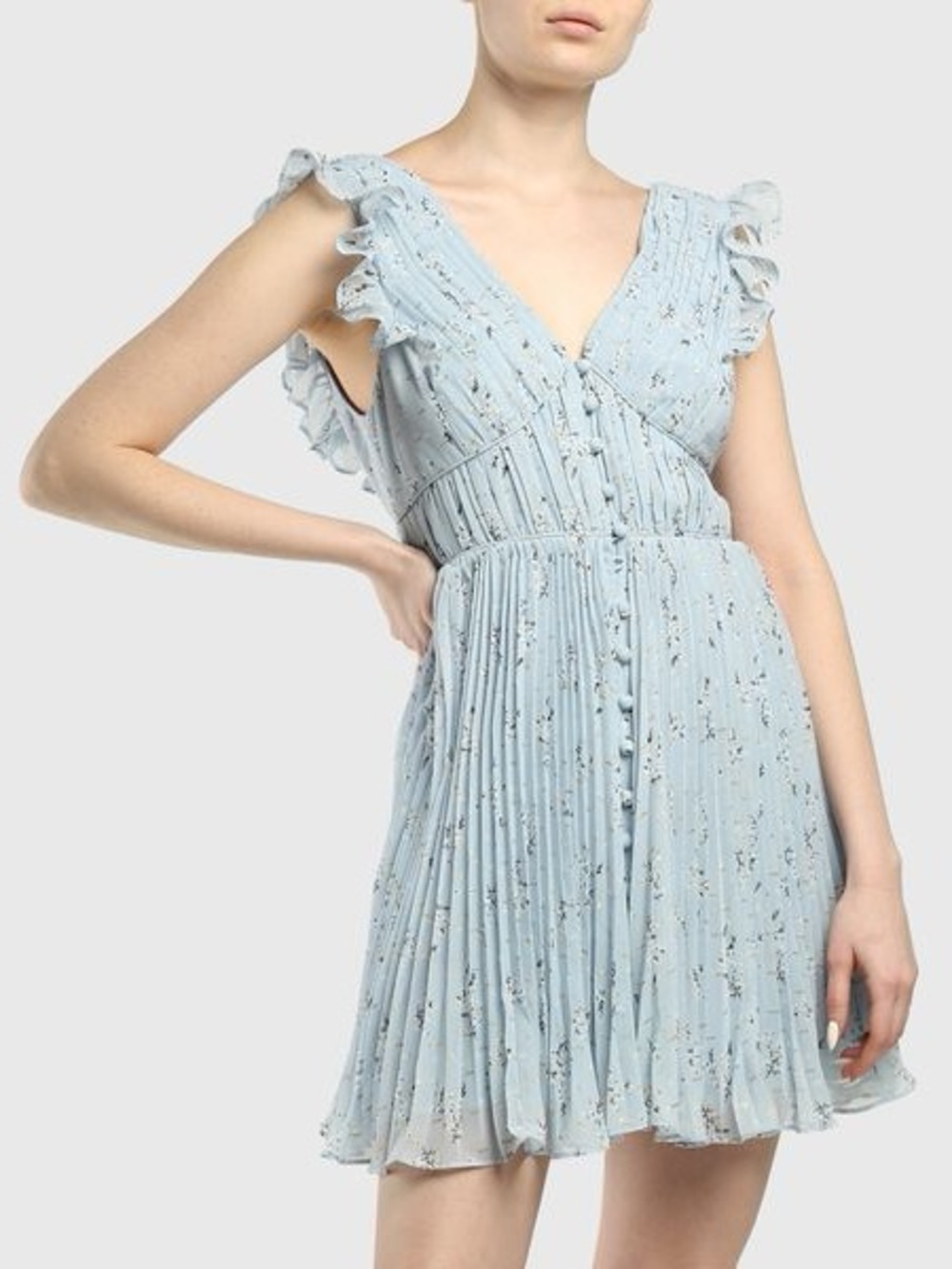 NWT- Self-Portrait Light Blue Ruffled V-Neck Pleated Dress OPEN TO OFFERS